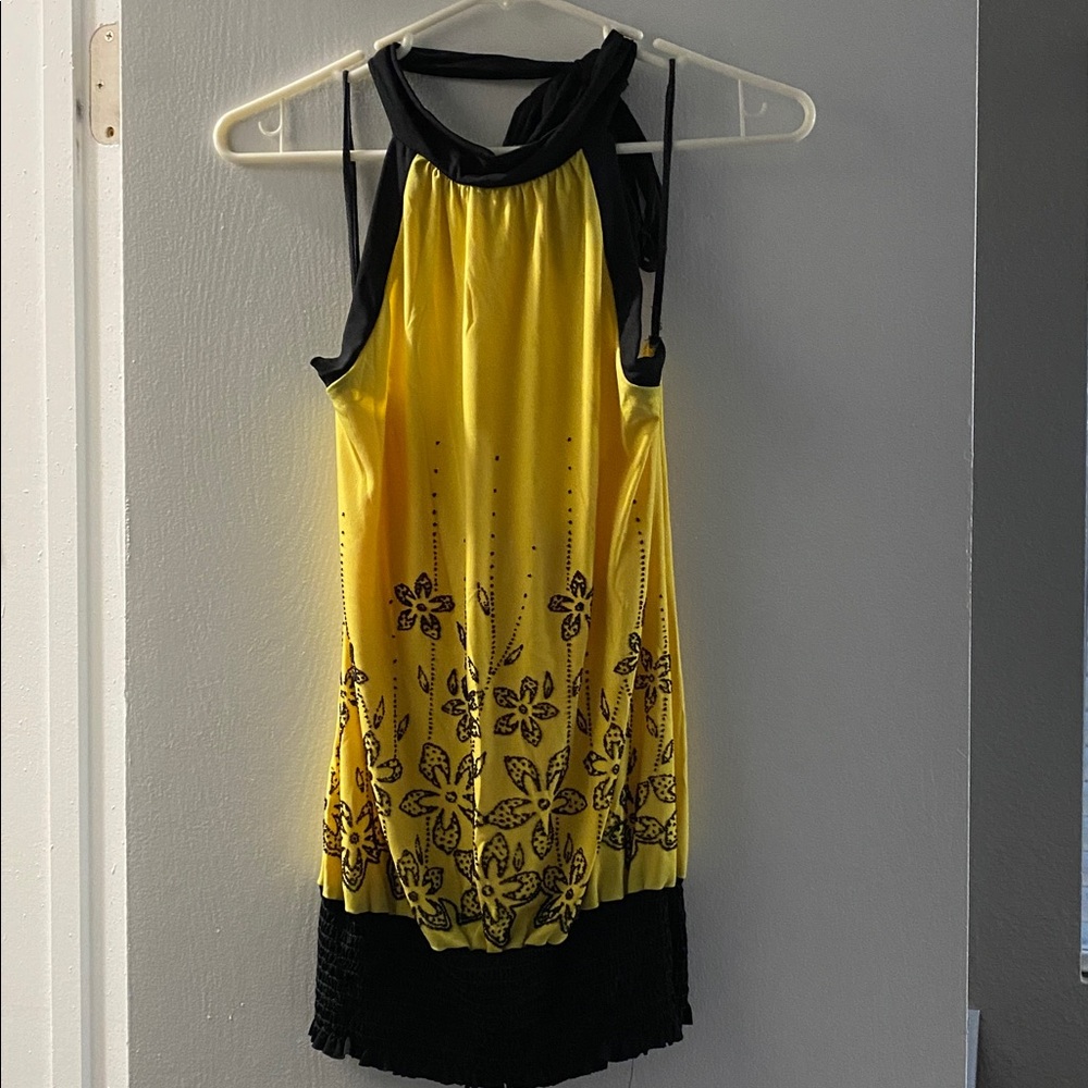 Yellow and Black Halter Dress with Floral Design